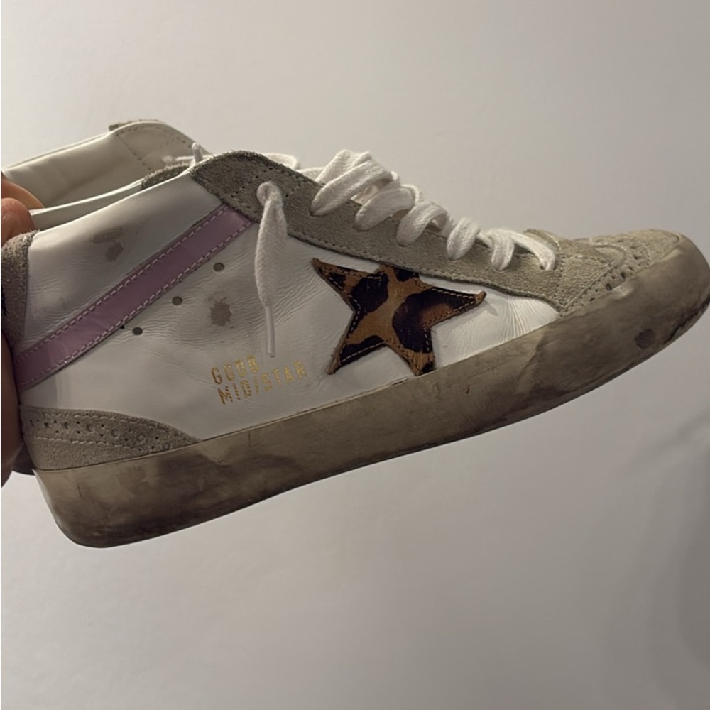 Golden Goose White and Gray Sneakers with Leopard Accent